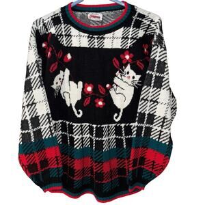 Vintage Hot Cashews women’s plaid floral cat sweater (20” across x 25” long)